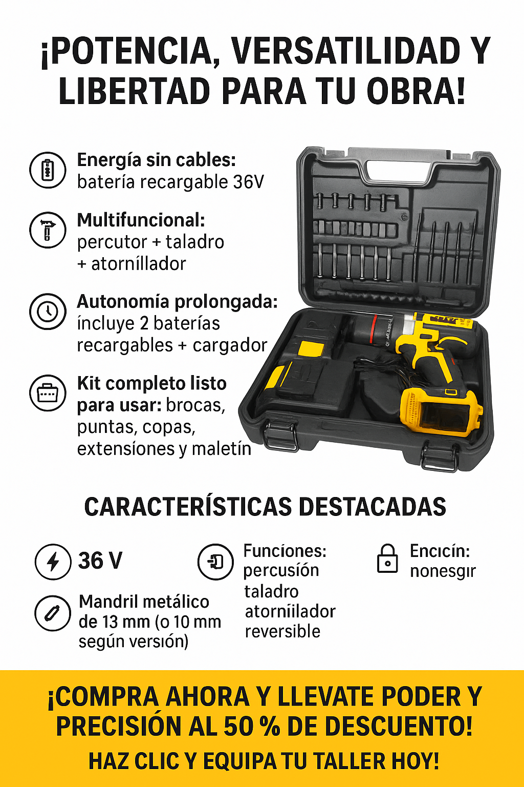 Taladro Inalámbrico 36 V – Potencia Profesional sin Cables